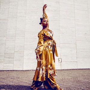 pants floral suit in satin gold- jacket separate